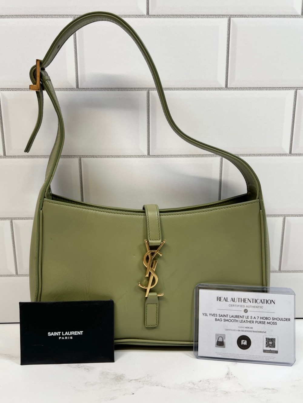 YSL Yves Saint Laurent Le 5 A 7 Hobo Shoulder Bag Smooth Leather Purse Moss